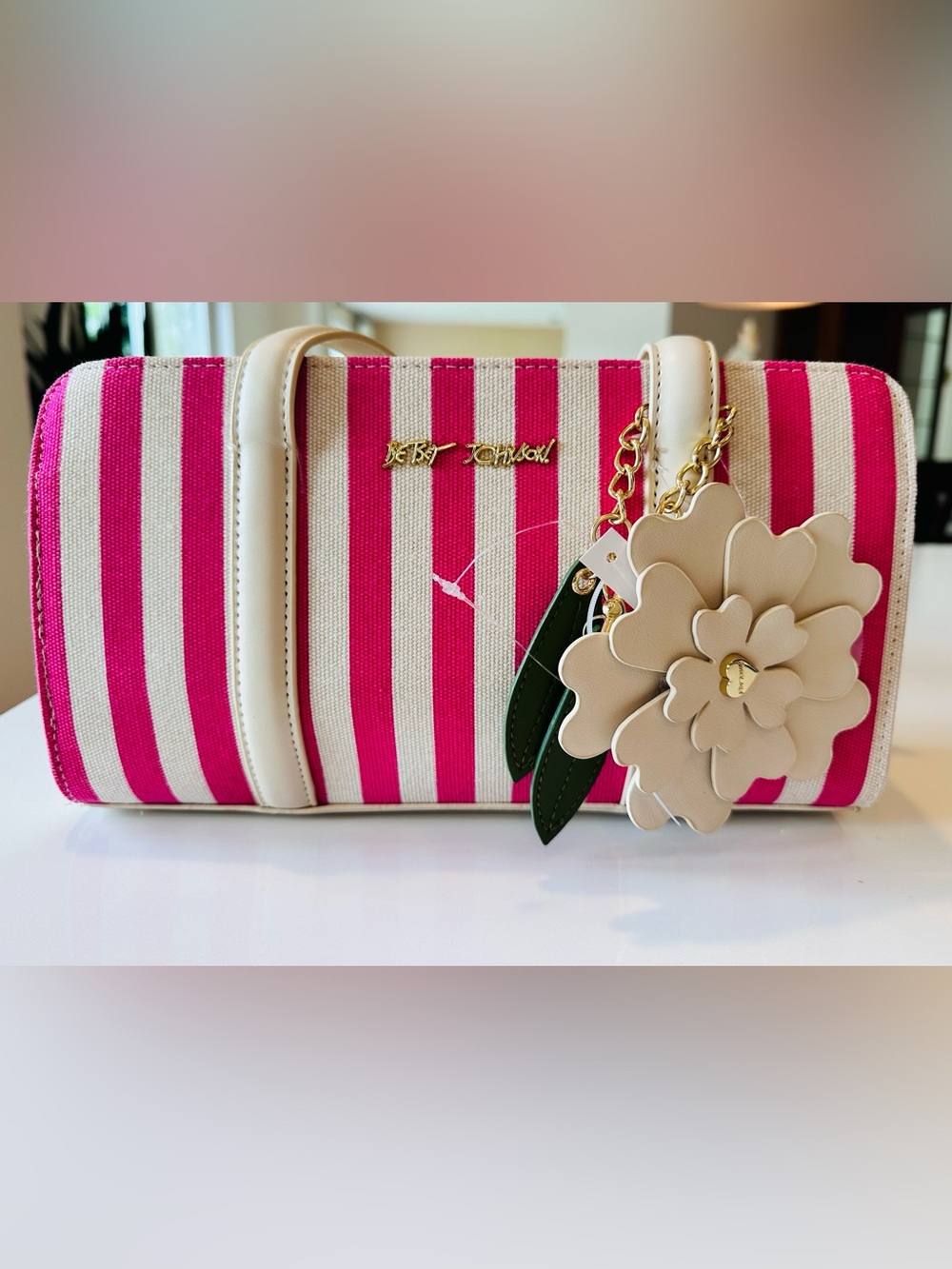 Betsey Johnson NWT Pink Cream Stripe Canvas Shoulder Bag Flower Charm $94 Summer